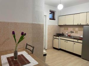 a kitchen with a table and a vase with purple flowers at Hostel Drenak in Gornje Rataje