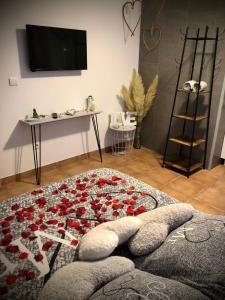 una sala de estar con una alfombra de flores en el suelo en Une Pause Douceur - Suite Orchidée, en Eyguières