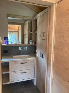 a bathroom with a sink and a mirror at Antico fienile in Belluno