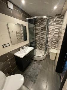 a bathroom with a toilet and a shower and a sink at AIVI apartments in Daugavpils