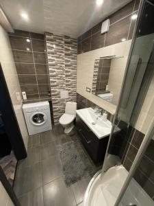 a bathroom with a toilet and a sink and a washing machine at AIVI apartments in Daugavpils
