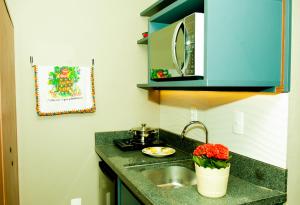 a kitchen with a sink and a microwave at HOSPEDAGEM CASA COMPACTA in Jaraguá do Sul