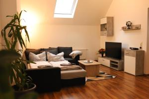 a living room with a couch and a tv at Ferienwohnung am Herzplatz in Memmelsdorf