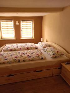 a bedroom with two beds and two windows at Schmal & Hoch - Willkommen im schmalsten Haus von Bad Frankenhausen in Bad Frankenhausen