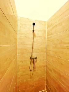 een douche met een hanger aan een houten muur bij Central Spacious Flat in Boedapest