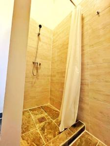 een badkamer met een douche en een douchegordijn bij Central Spacious Flat in Boedapest
