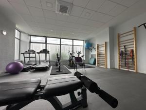 a gym with treadmills and machines in a room at LOFT pri parku in Banská Bystrica