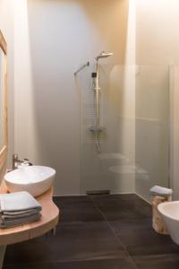 a bathroom with a sink and a glass shower at Latemar Fiemme Apartments in Tesero