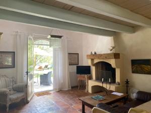 ein Wohnzimmer mit einem Sofa und einem Kamin in der Unterkunft Mas Antonine Cigalle in Arles