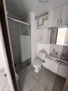 a bathroom with a toilet and a shower and a sink at Departamento amplio y acogedor San Miguel in Lima