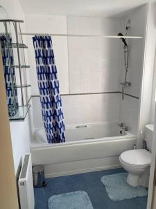 a bathroom with a white tub and a toilet and a tub at Contemporary Coach House in Newport, Isle of Wight in Newport