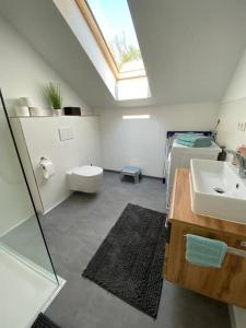 a bathroom with a sink and a toilet and a skylight at Ferienwohnung Valentin in Passau