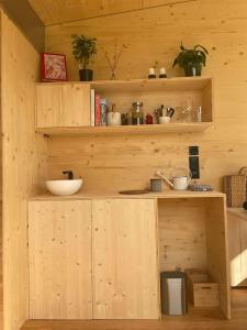 a kitchen with wooden walls and shelves and a counter at Cabana auf dem Biohof Hornen 