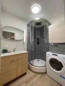 łazienka z prysznicem i pralką w obiekcie Joli T3 entre Genève et Chamonix w mieście Cluses