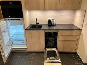 a small kitchen with an open refrigerator and sink at La Merle in Veyrier-du-Lac