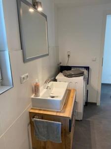 a bathroom with a white sink and a mirror at Ferienwohnung Felina in Passau