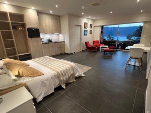 a bedroom with a bed and a kitchen and a living room at La Merle in Veyrier-du-Lac