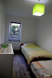 a bedroom with two beds and a window at Apartament Anna in Srebrna Góra
