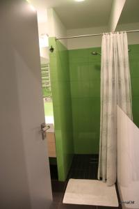 a green bathroom with a shower with a shower curtain at Apartament Anna in Srebrna Góra