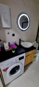 a bathroom with a washing machine and a sink at The Modern Lodge in Skopje