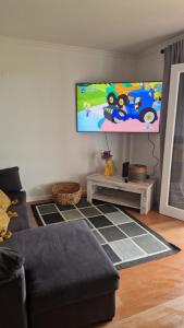 a living room with a couch and a flat screen tv at Vila Henrique Country Cottage in Fajã da Ovelha