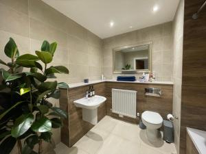 Quiet Luxe Home with GYM and Free Parking في Thamesmead: حمام مع حوض ومرحاض ومرآة