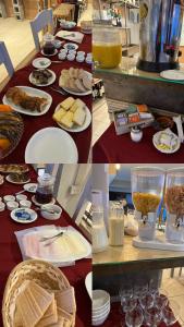 un collage de cuatro fotos de comida en una mesa en Las Restingas Hotel De Mar en Puerto Pirámides