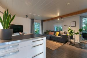 eine Küche und ein Wohnzimmer mit einem Sofa in der Unterkunft Inn Joy Apartments - Sankt Gallen West in St. Gallen