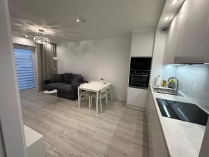 eine Küche und ein Wohnzimmer mit Sofa und Tisch in der Unterkunft Flat4You III in Posen