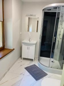 y baño con ducha y lavamanos. en Mountain View Guest Rooms, en Jedlina-Zdrój