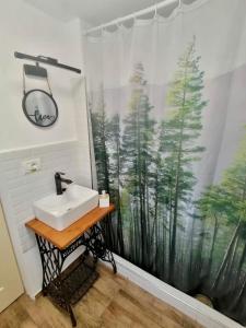 a bathroom with a sink and a shower curtain at Casa M.A.R.A in Corbeni