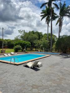 阿基道阿納的住宿－Pousada Cachoeira do Campo，一个带躺椅的游泳池,棕榈树