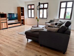 a living room with a couch and a tv at Apartment Kander in Görlitz