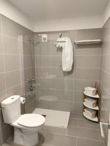 a bathroom with a toilet and a shower at Bajamar,un lugar mágico in Bajamar