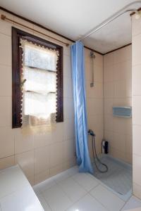 a bathroom with a shower with a blue curtain at Zenios Dionysos - Traditional villa in Grevena