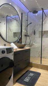 a bathroom with a sink and a shower with a mirror at Luxe home in Mulhouse +19 photos
