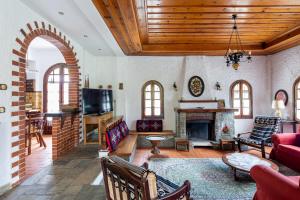 a living room with a fireplace and a tv at Zenios Dionysos - Traditional villa in Grevena