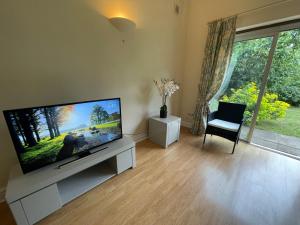 uma sala de estar com uma televisão de ecrã plano e uma cadeira em Elegant Weybridge Apartment near Train Station em Oatlands Park