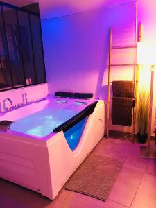 a bathroom with a large tub with purple lighting at Appart&Spa République in Dijon