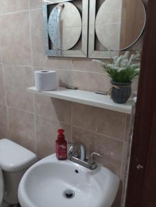 a bathroom with a sink and a toilet and mirrors at El Yunque White House in Rio Grande