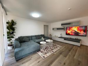 a living room with a couch and a tv at Deluxe Family Appartements Haem in Buchheim