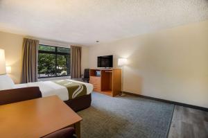 um quarto de hotel com uma cama, uma secretária e uma televisão em Suburban Studios Canon City em Canon City