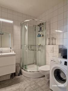 a bathroom with a shower and a toilet and a washing machine at Leilighet med utsikt ved bymarka in Trondheim