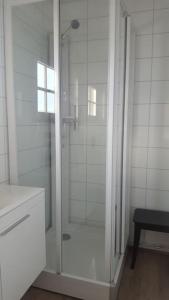 a white bathroom with a shower with a glass door at Cosy cottage in the countryside in Þingeyjarsveit