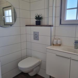a bathroom with a toilet and a sink and a mirror at Cosy cottage in the countryside in Þingeyjarsveit
