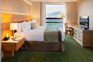 um quarto de hotel com uma cama, uma secretária e uma televisão em Marriott Tuxtla Gutierrez Hotel em Tuxtla Gutiérrez