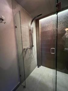 eine Duschkabine mit einer Glastür im Bad in der Unterkunft DEPARTAMENTO VILLA NEEK in San Cristóbal de las Casas + 22 Fotos