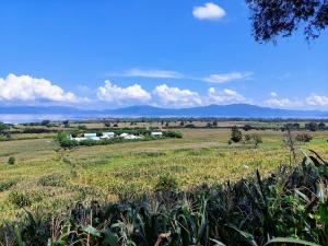 a farm in the middle of a field with mountains in the background at Happy home in Huu