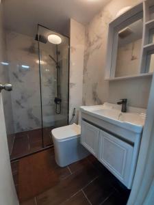 a bathroom with a shower and a toilet and a sink at Beach Front Living in the Heart of the City, AZURE Residences in Manila
