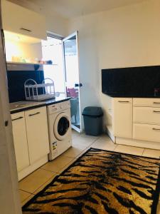 a kitchen with a washing machine and a rug at Chambre d'Hôtes Coconut Marina du Gosier in Le Gosier